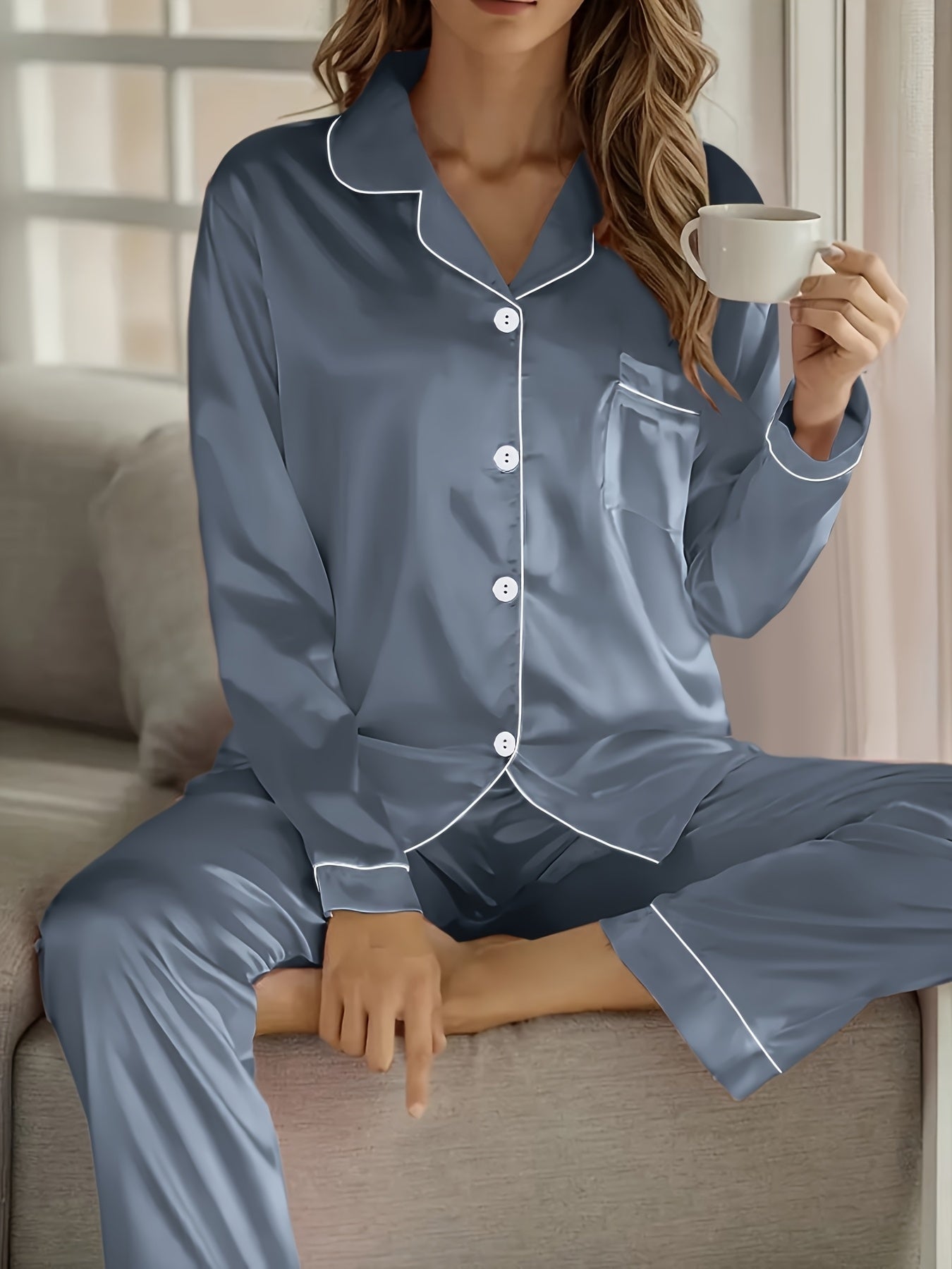 Women's Satin Casual Comfortable 1 Set 2pcs Pajama Outfit, Turn- Collar Long Sleeve Top & Elastic Waistband Trousers Women's Sleepwear