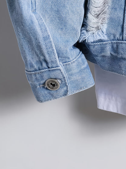 HME Men'S Street Fashion Large Distressed Denim Jacket - Light Blue Vintage Distressed Lapel Coat