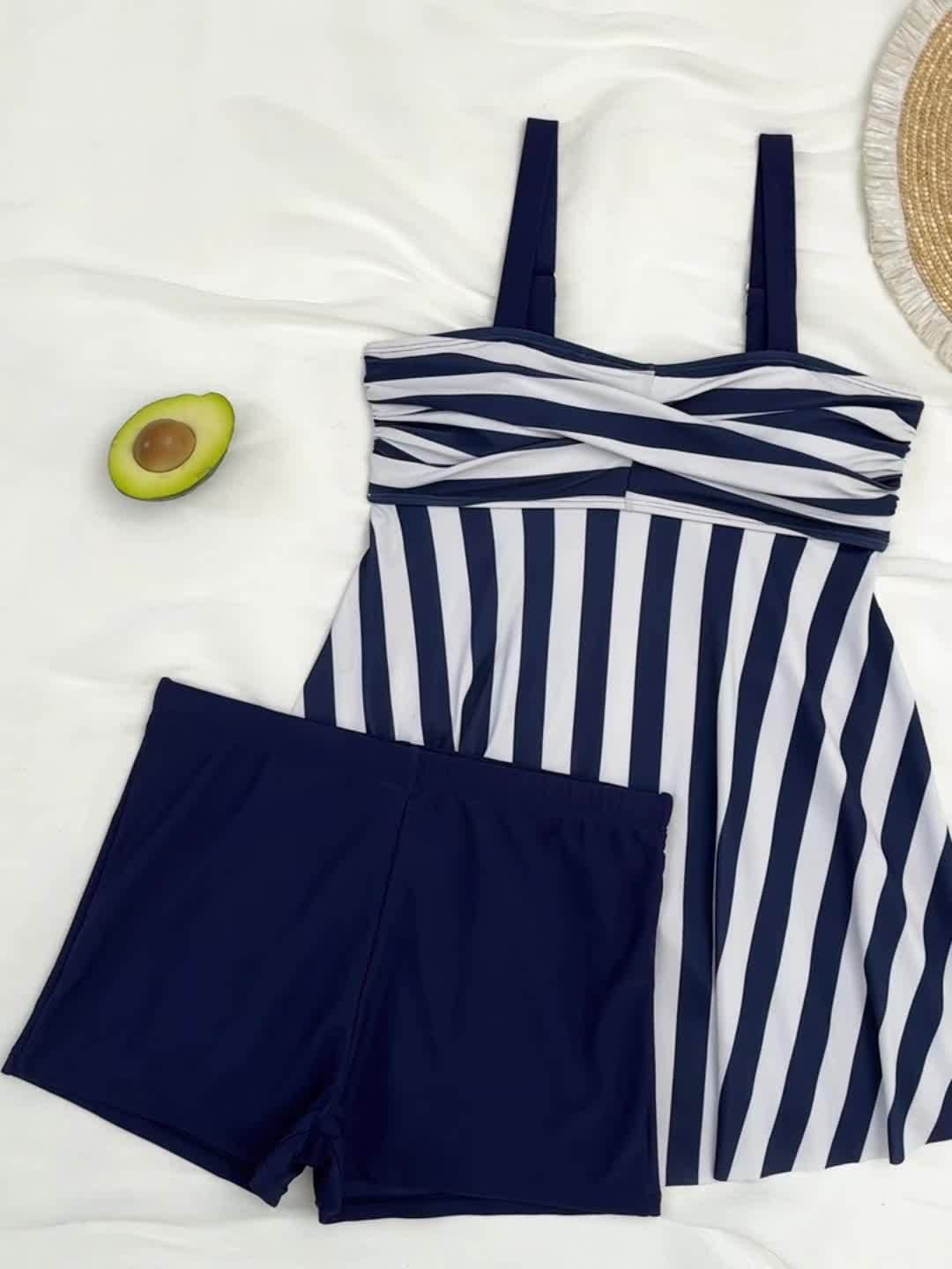Striped Print 2 Piece Set Tankini, Ruched Skirted Boxer Short Bottom Swimsuits, Women's Swimwear & Clothing