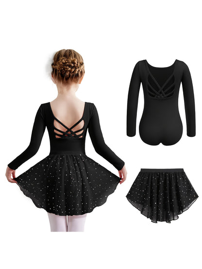 Girls' 2pcs Ballet Leotards Long Sleeve Cross-Back Dance Leotard with Detachable Shiny Skirt, Stretchy Polyester Dance Dress for Parties, Birthdays & Sports Events, Perfect for Outdoor, All Seasons, Gift for Back-to-School Season, Beach Essentials