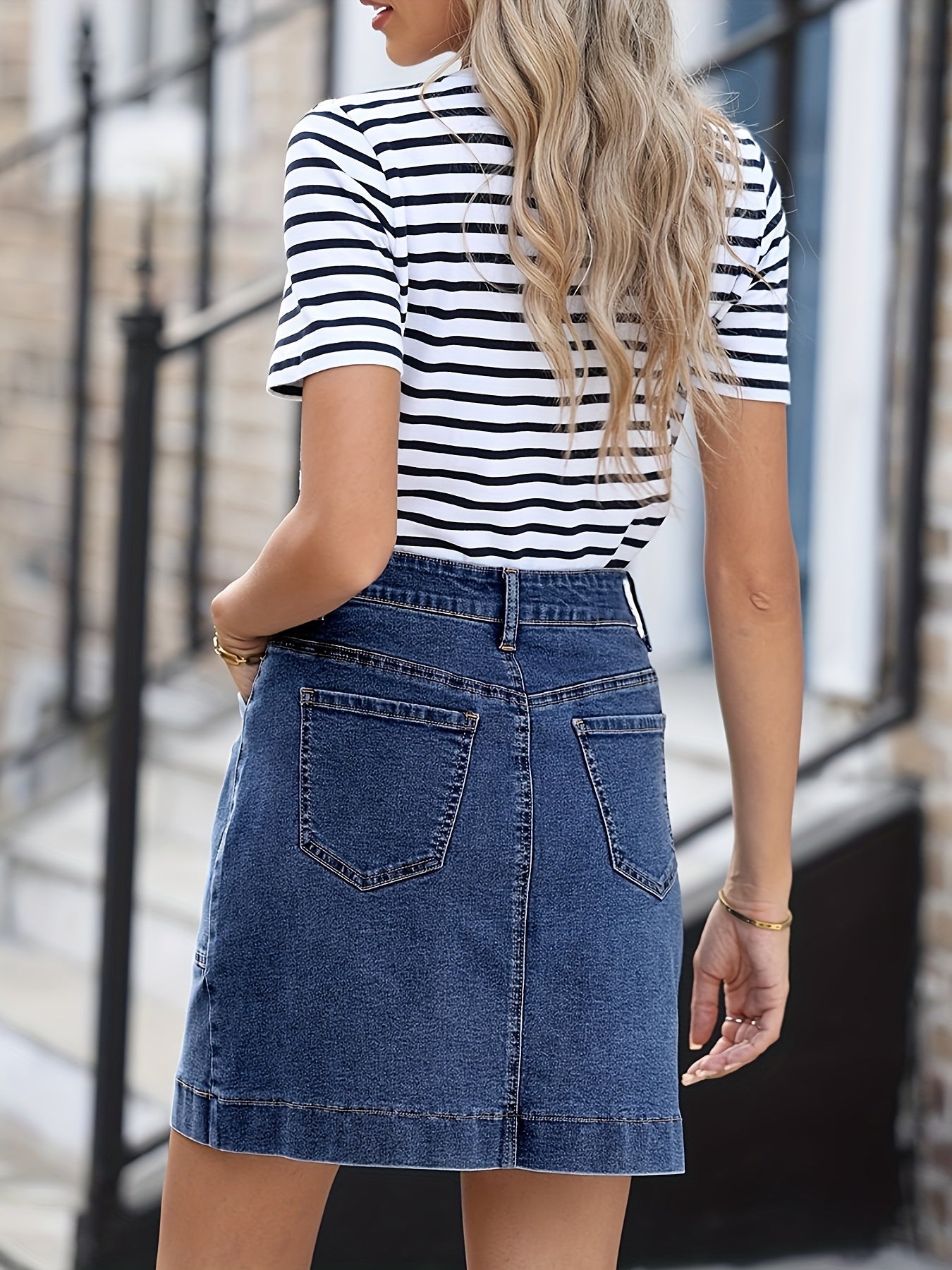 Women'S High-Waist Stretch Denim Mini Skirt - Versatile, Mid-Length Skirt with Large Pockets, Casual Elegant Style, Perfect for Summer, Jeans Skir