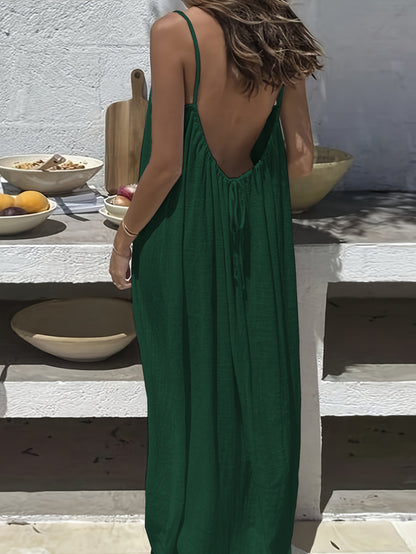 Plus Size - Plus Size - 2026 New Women'S Camisole Backless Loose Long Home Wear Dress | Beach Skirt Swimsuit, V-neck, Sleeveless, Medium Stretch Fabric, Random Print, Straight Hem, Elegant Style for Spring/Summer