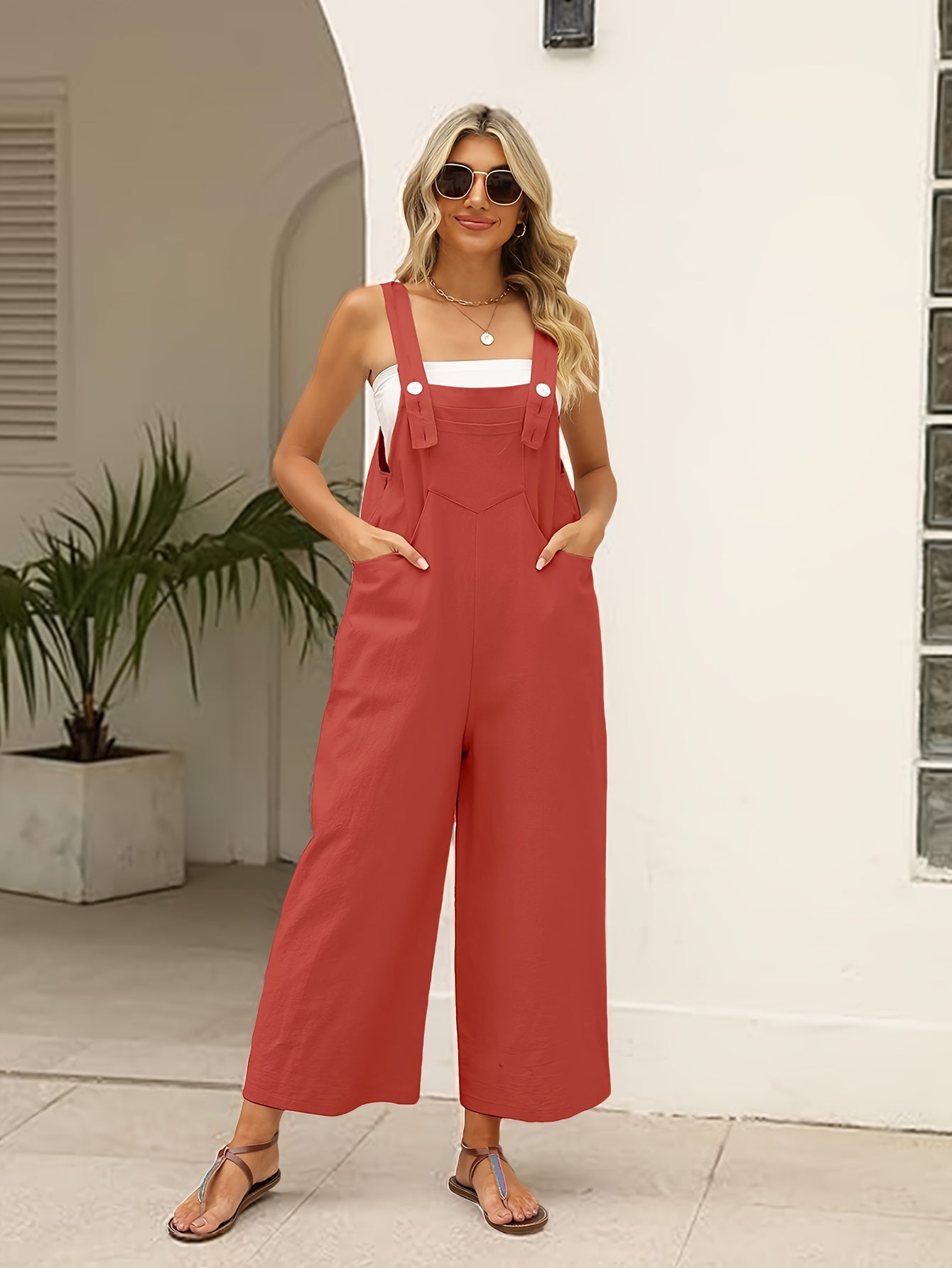 Women's Loose Fit Cotton-Linen Overalls Jumpsuit - Adjustable Strap Wide Leg Romper Pants with Zipper Closure, Non-See-Through Lightweight One-Piece Outfit for Women, Casual to Formal Events (Spring/Fall/Summer) - Everyday & Formal Wear, Ladies Rompers An