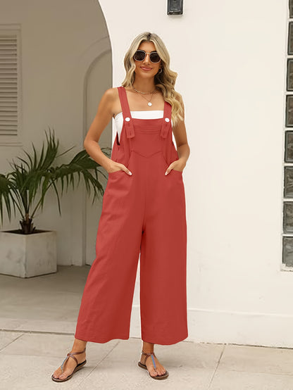 Women's Loose Fit Cotton-Linen Overalls Jumpsuit - Adjustable Strap Wide Leg Romper Pants with Zipper Closure, Non-See-Through Lightweight One-Piece Outfit for Women, Casual to Formal Events (Spring/Fall/Summer) - Everyday & Formal Wear, Ladies Rompers An