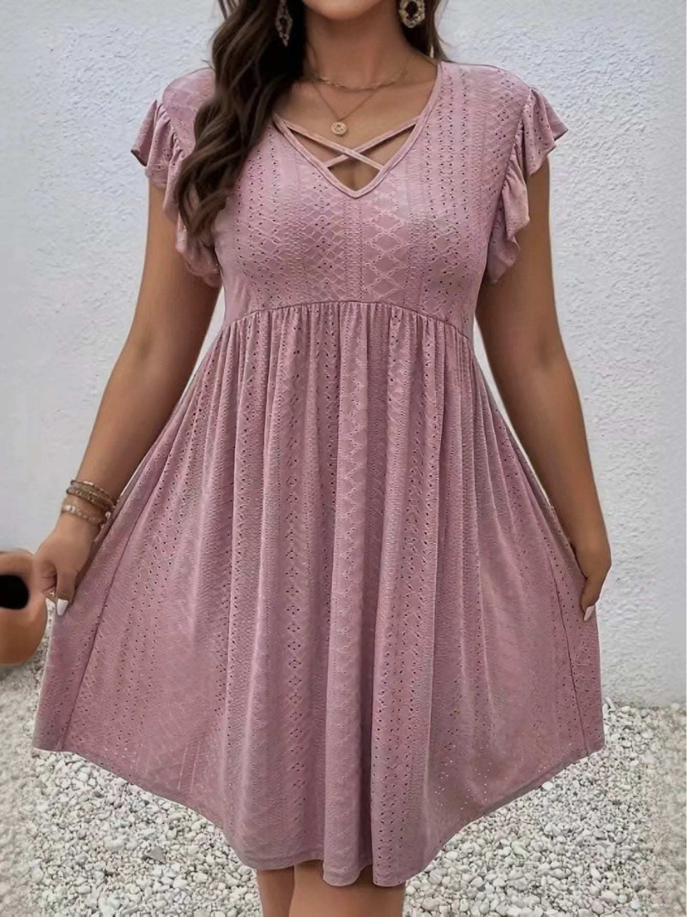 Plus Size - Summer Plus-Size Women'S Hollow-Out Embroidered Dress - Cross V-Neck with Ruffled Short Sleeves And a Flared Skirt, Made of Lightweight Breathable Fabric, Available in Sizes L-5XL, Suitable for Beach Or Casual Wear