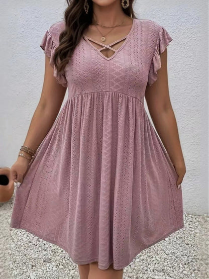 Plus Size - Summer Plus-Size Women'S Hollow-Out Embroidered Dress - Cross V-Neck with Ruffled Short Sleeves And a Flared Skirt, Made of Lightweight Breathable Fabric, Available in Sizes L-5XL, Suitable for Beach Or Casual Wear