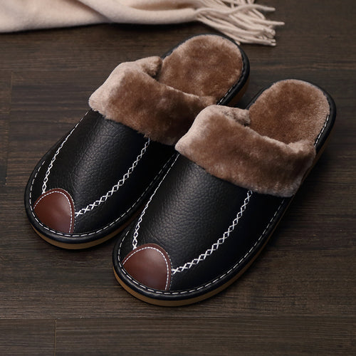 Men's PU Slippers Black Slip-On Men PU Slippers New Winter Warm Indoor Slipper Home House Shoes Warm Slippers Soft Sole For Indoor Comfort