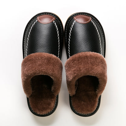 Men's PU Slippers Black Slip-On Men PU Slippers New Winter Warm Indoor Slipper Home House Shoes Warm Slippers Soft Sole For Indoor Comfort