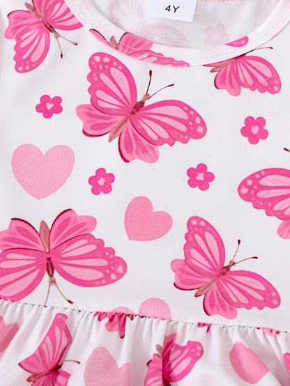 3pcs Cute Girls' Sleeveless Pink Dress Set with Butterfly And Heart Prints | Spring/Summer, Knitted Fabric, Regular Fit
