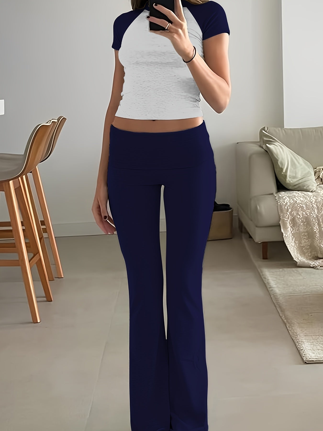 Casual Solid Color Slim Two-piece Pants Set, Short Sleeve Crew Neck T-shirt & Skinny Flared Leg Pants Outfits, Women'S Clothing