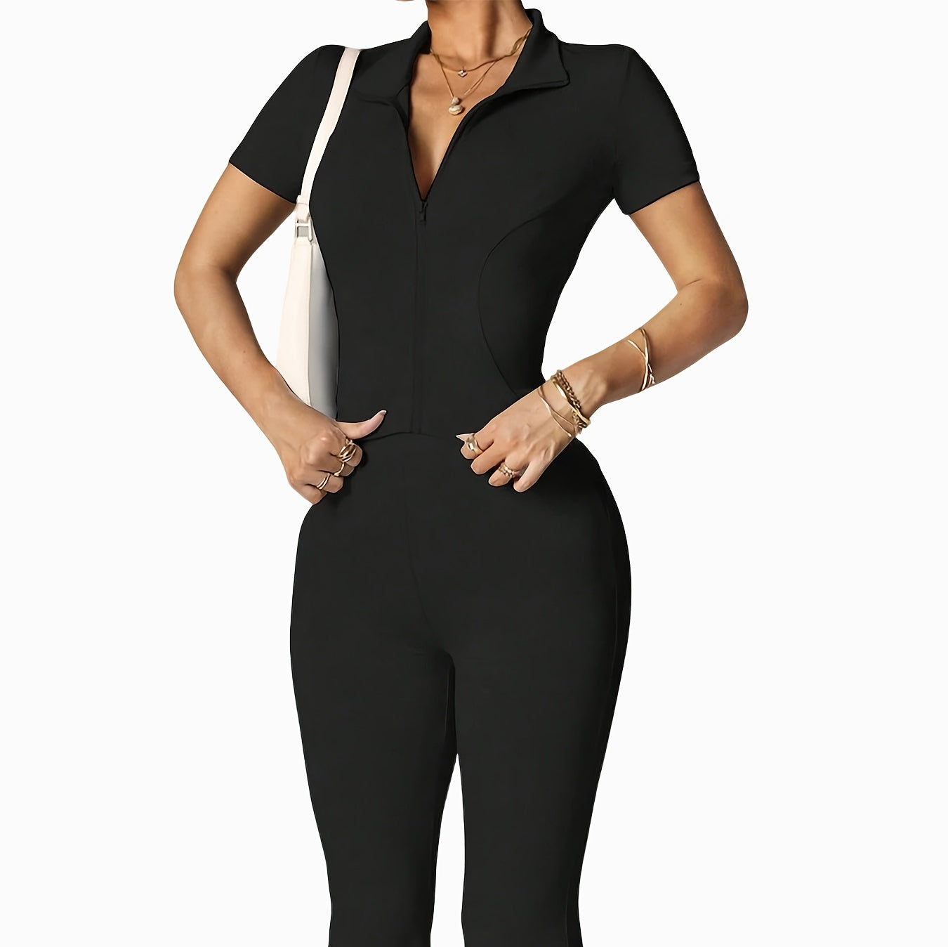 Zippered Long-sleeved Top with Flared Pants Set - Fashionable And Elegant Women's Outfit for Daily Casual Wear, And S. Available In Black, Gray And Beige Colors. Women's Tight Casual Outdoor Attire.