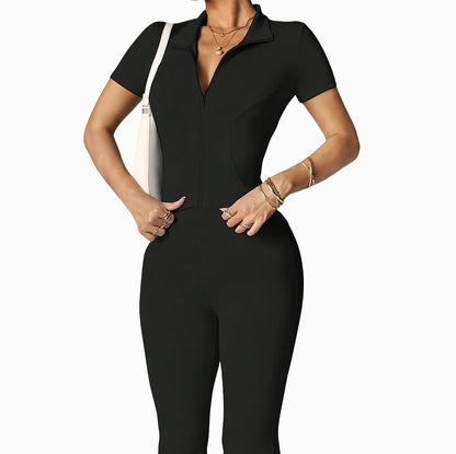Zippered Long-sleeved Top with Flared Pants Set - Fashionable And Elegant Women's Outfit for Daily Casual Wear, And S. Available In Black, Gray And Beige Colors. Women's Tight Casual Outdoor Attire.