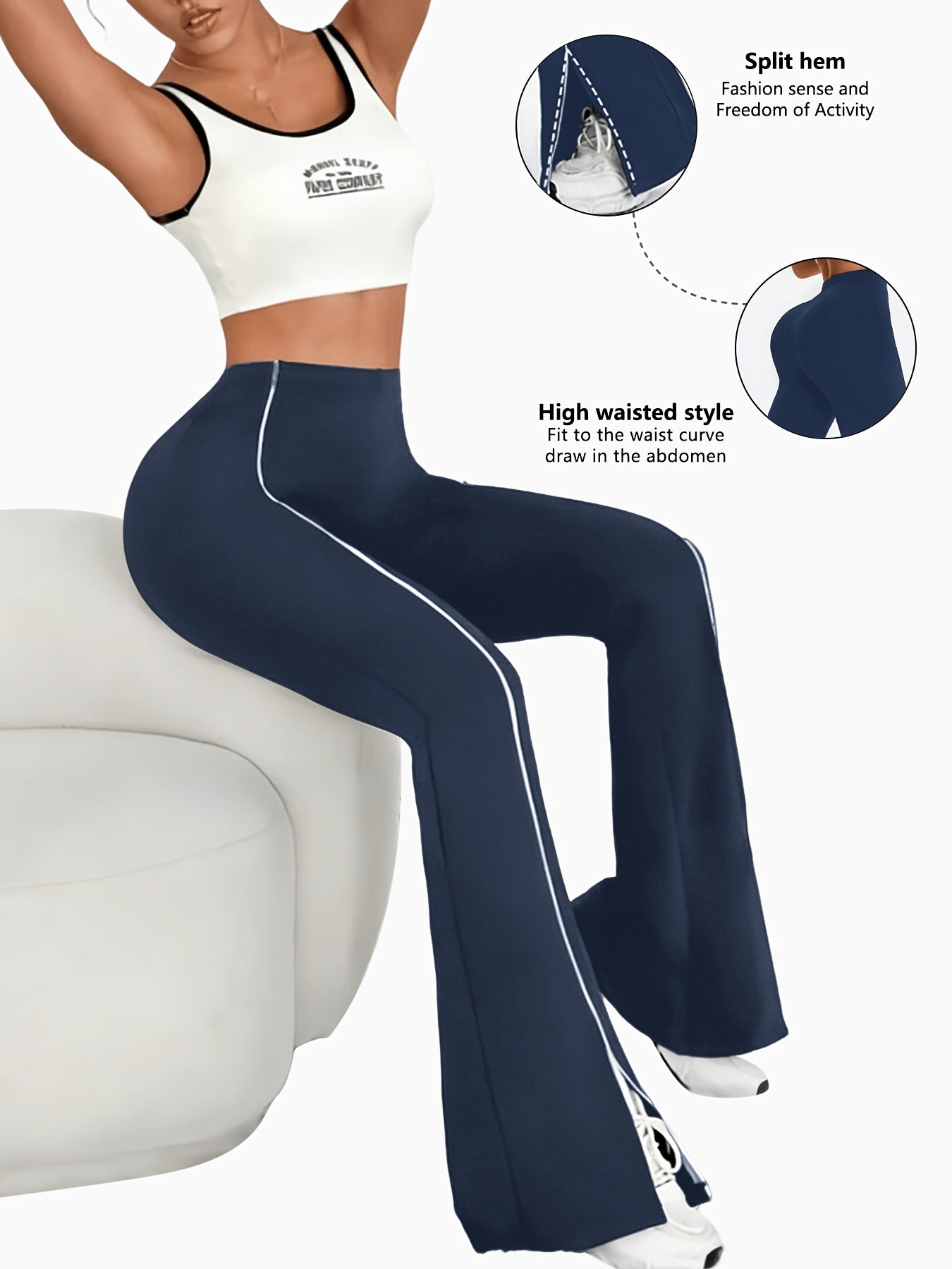 High-Waisted Slit Flared Pants with Side Lines, Elastic Pants, Retro And Versatile Casual Long Pants
