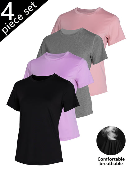 4pcs Solid Sports Tee Round Neck Slim Stretchy Ideal for Yoga Gym Workouts Women'S Athletic Wear Sporty Style Clothes Gym Shirts Workout Tops Oversized Gym Shirts Fitness Outfit, Summerwins
