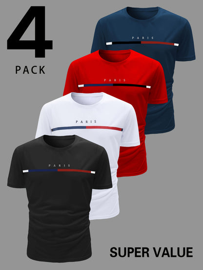 4pcs Men's 'Paris' Printed T-Shirts: Short-Sleeve Crew Neck T-Shirts, Stylish Stripe Design, Soft, Breathable, Quick-Dry Fabric - Sweat-Wicking for Sports, Everyday Home Wear, Great Value Casual Daily Tops, Men's Novelty Pajamas Men's Novelty Pajamas