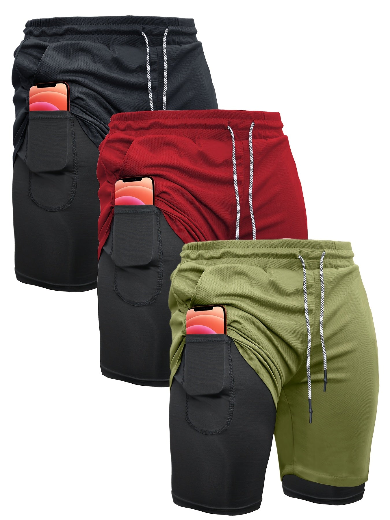 3pcs Men's 2-in-1 Double-layer Shorts with Inner Pocket, High Stretch Sports Shorts, Suitable for Summer Running, Gym Exercise And Training
