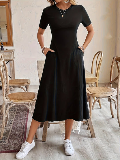 Elegant Solid Midi Dress - Fashionable Round Neck, Short Sleeves with Pockets, Stretch Polyester, A-Line Silhouette, Machine Washable - Suitable for Work or Casual Outings