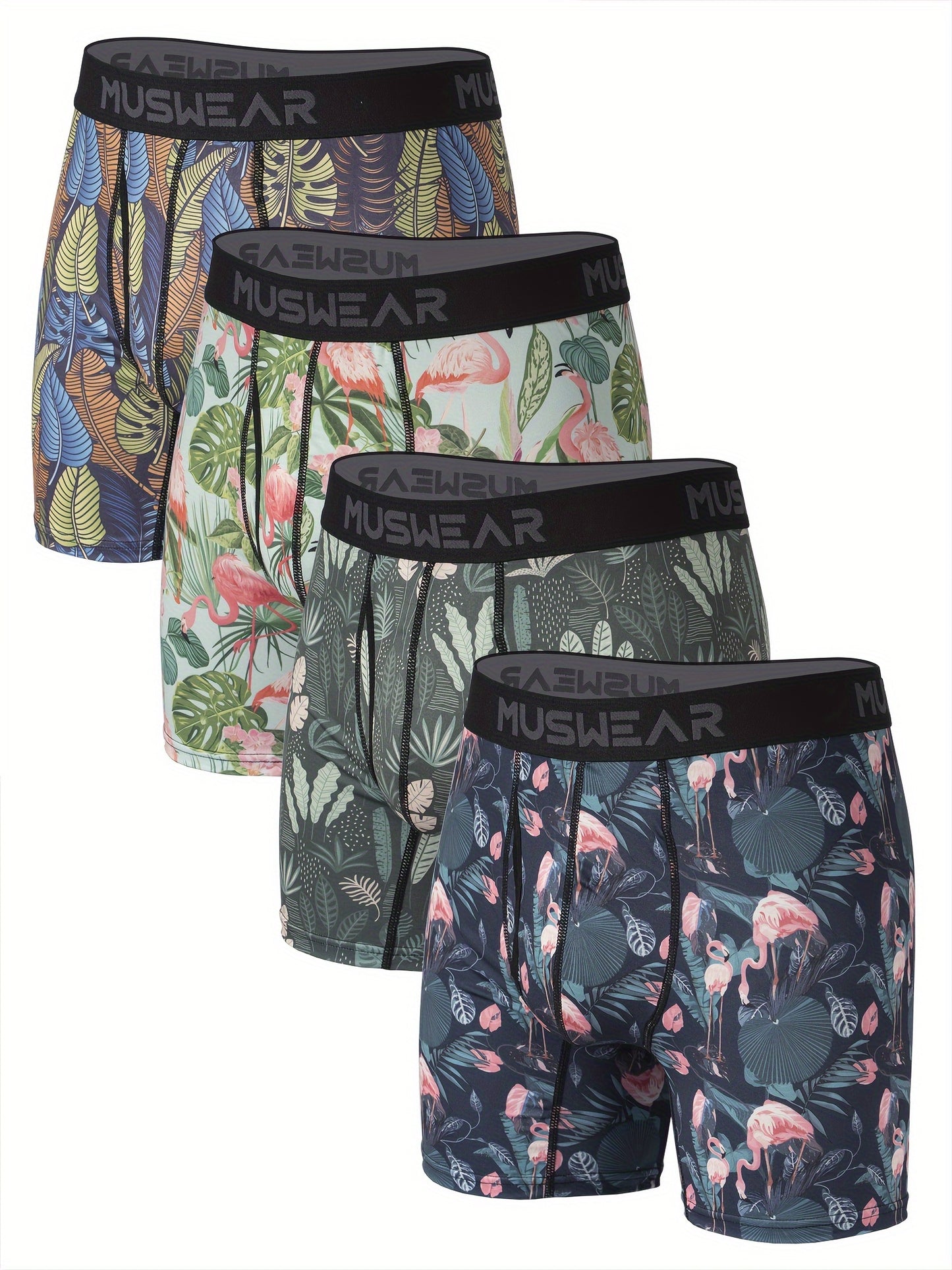 MUSWEAR Men'S Quick-Dry Boxer Briefs - Moisture-Wicking, Breathable with Side Openings, Long Style, Flamingo Print, Stretchy & Comfortable Underwear