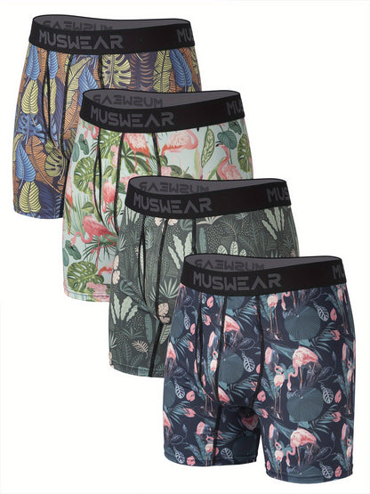 MUSWEAR Men'S Quick-Dry Boxer Briefs - Moisture-Wicking, Breathable with Side Openings, Long Style, Flamingo Print, Stretchy & Comfortable Underwear