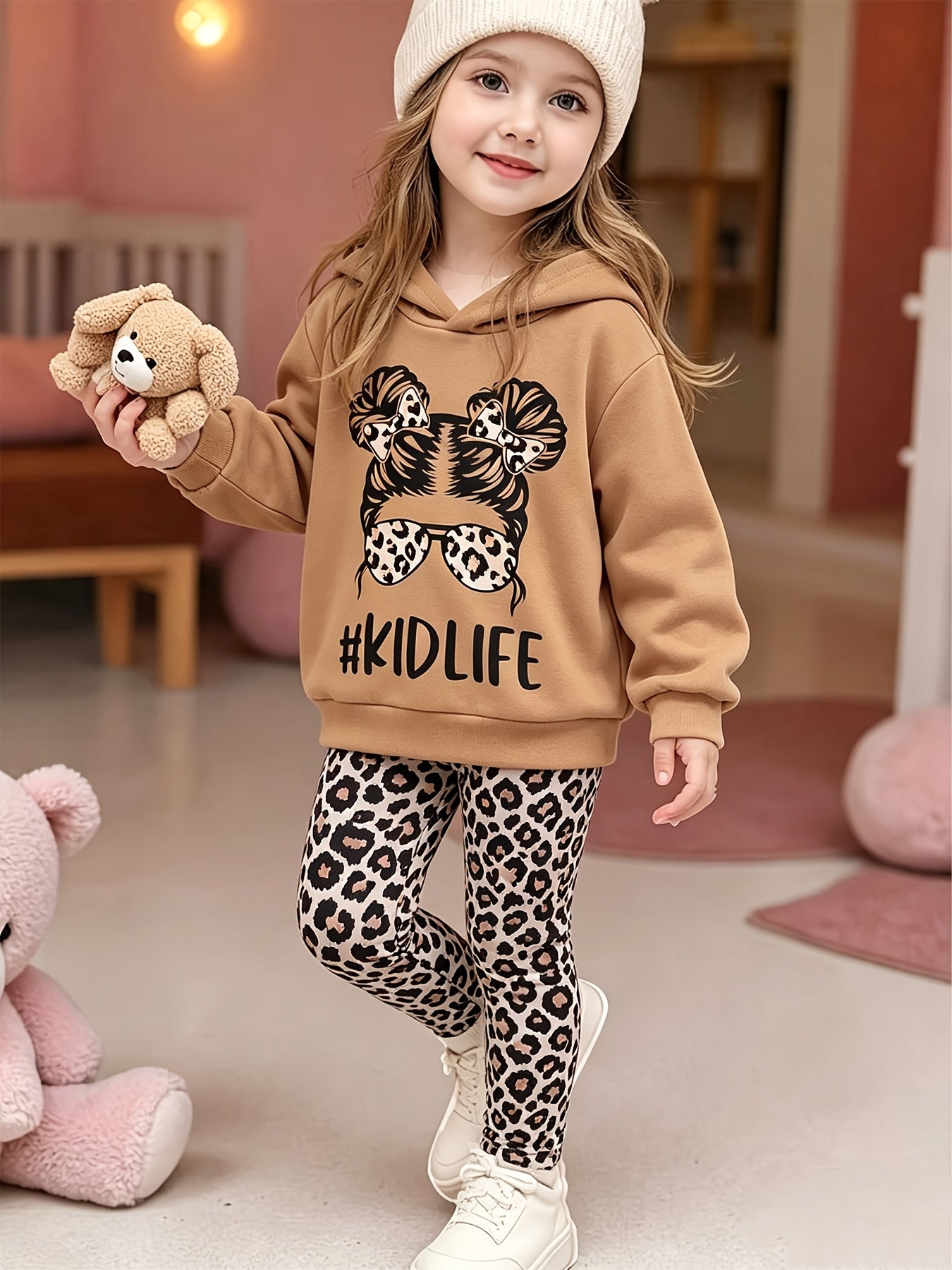 2pcs Young Girl Clothing Long Sleeve Khaki Sweatshirt Casual Set with Leopard Print Trousers Top, for Outdoor