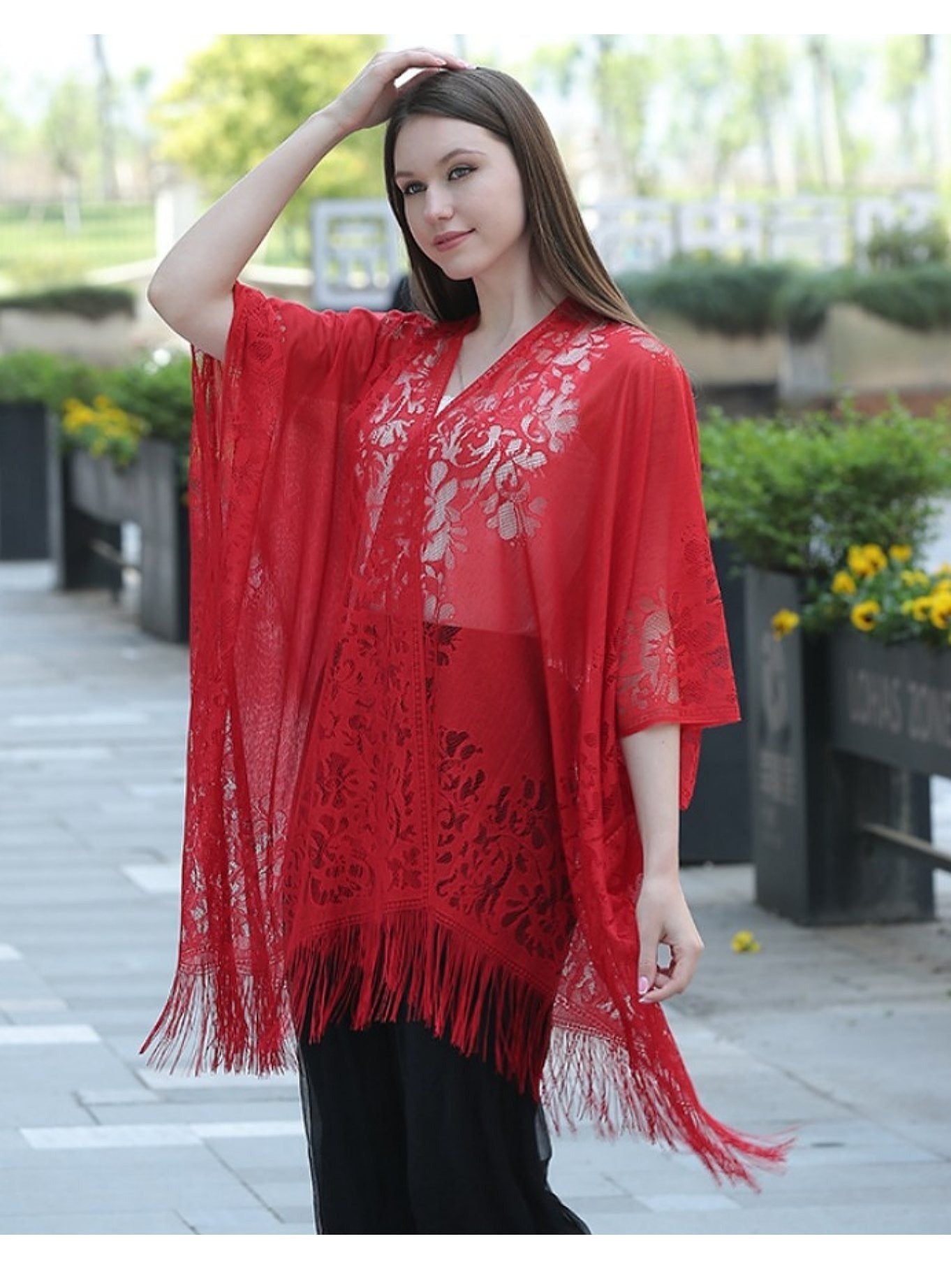 Woman's Plus Size Boho Cover Up, Lace Kimono, Women's Plus Floral Lace Batwing Sleeve Cover-Up, Open Front Tassel Trim Kimono, Lightweight Beach Cover Up