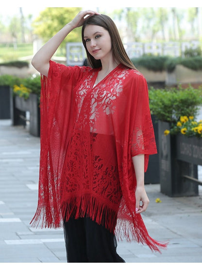 Woman's Plus Size Boho Cover Up, Lace Kimono, Women's Plus Floral Lace Batwing Sleeve Cover-Up, Open Front Tassel Trim Kimono, Lightweight Beach Cover Up