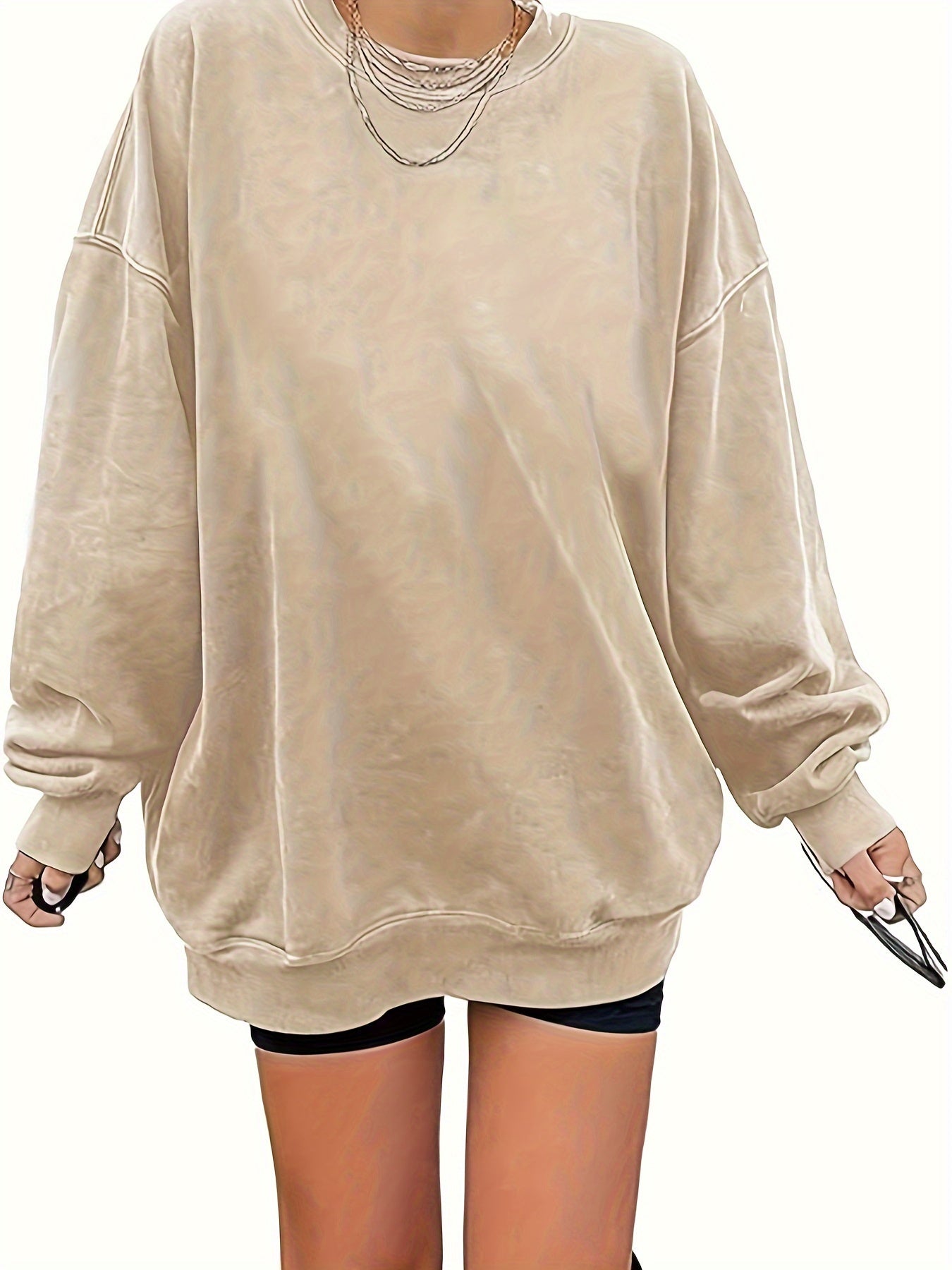 Women's Oversized Long Sleeve Sweatshirts Pure Color Round Neck Casual Pullover Shirt