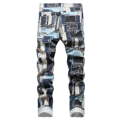 1pc Men's Fashion Denim Jeans, Stretch Slim Fit Washed Denim with Laser Digital Print, Casual Regular Length Pants with Built-in Zipper, Polyester Blend, Mid-Waist for Adult