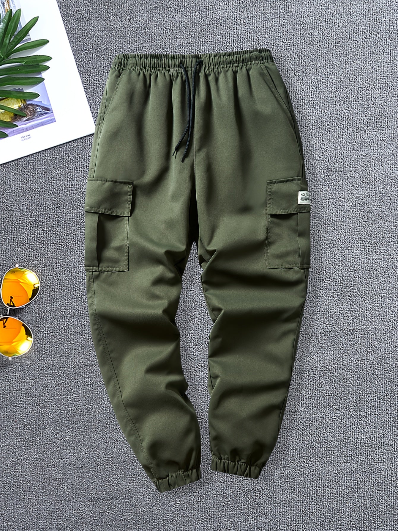 5pcs Men's Overalls, Elastic Belt Loose Work Pants, Multi-pocket Design, Machine Washable Non-elastic Fabric, Suitable for Outdoor/construction/travel, Outdoor Tooling Style, Textured Fabric