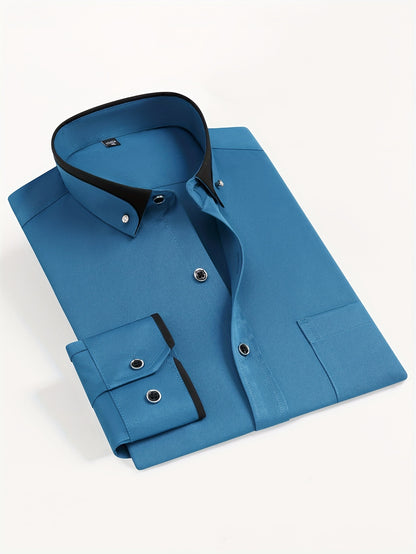 Color Block Fold-Up Collar Crystal Buckle Formal Shirt Men'S Long Sleeve Contrast Color Stretch Iron-Free Business Casual Top with Loan Fashion Cardigan Shirt