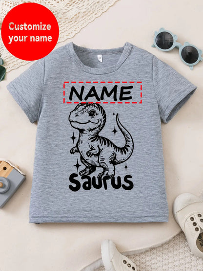 [Custom Product] Boys' T-Shirt with Name Customization, Cute Dinosaur Pattern Print, Simple Trendy Round Neck Outdoor Short Sleeve Homewear Top Gift