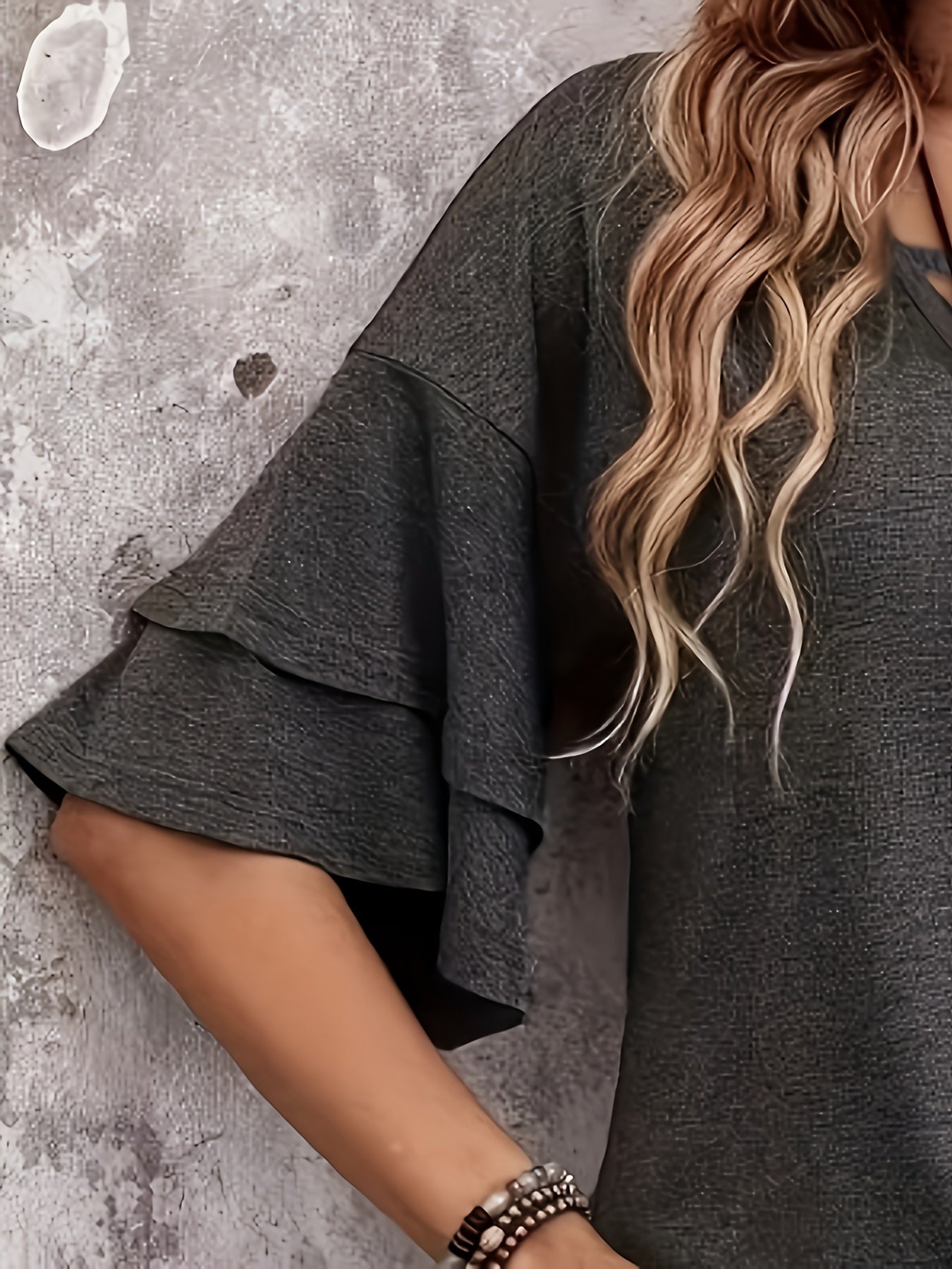 Women's Casual V-Neck Split Back Layered Ruffle Sleeve T-Shirt- Lightweight and Machine Washable Top for Spring, Summer, and Autumn, Fashionable Cross Front Design, Durable and Versatile Clothing, Breathable Fabric, Must-Have for Trendy Enthusiasts
