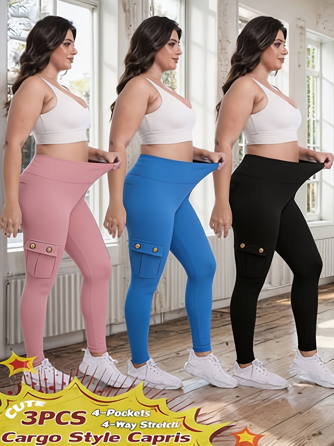 3-Pack High Waisted Cargo Yoga Pants With Slide Pockets - Tummy Control, 4 Pockets, Breathable 4-Way Stretch, Moisture Wicking, Perfect For Running, Gym & Yoga Lovers