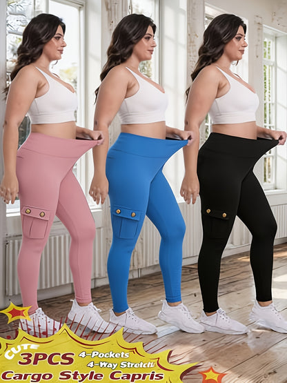 3-Pack High Waisted Cargo Yoga Pants With Slide Pockets - Tummy Control, 4 Pockets, Breathable 4-Way Stretch, Moisture Wicking, Perfect For Running, Gym & Yoga Lovers