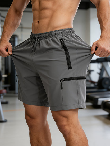 Men's Quick Dry Multi-Pocket Zipper Shorts, Elastic Waist Drawstring, Lightweight Breathable Fabric, Casual Sports Workout Running Hiking Shorts, Summer Outdoor Cargo Shorts for Men with Secure Zippered Pockets