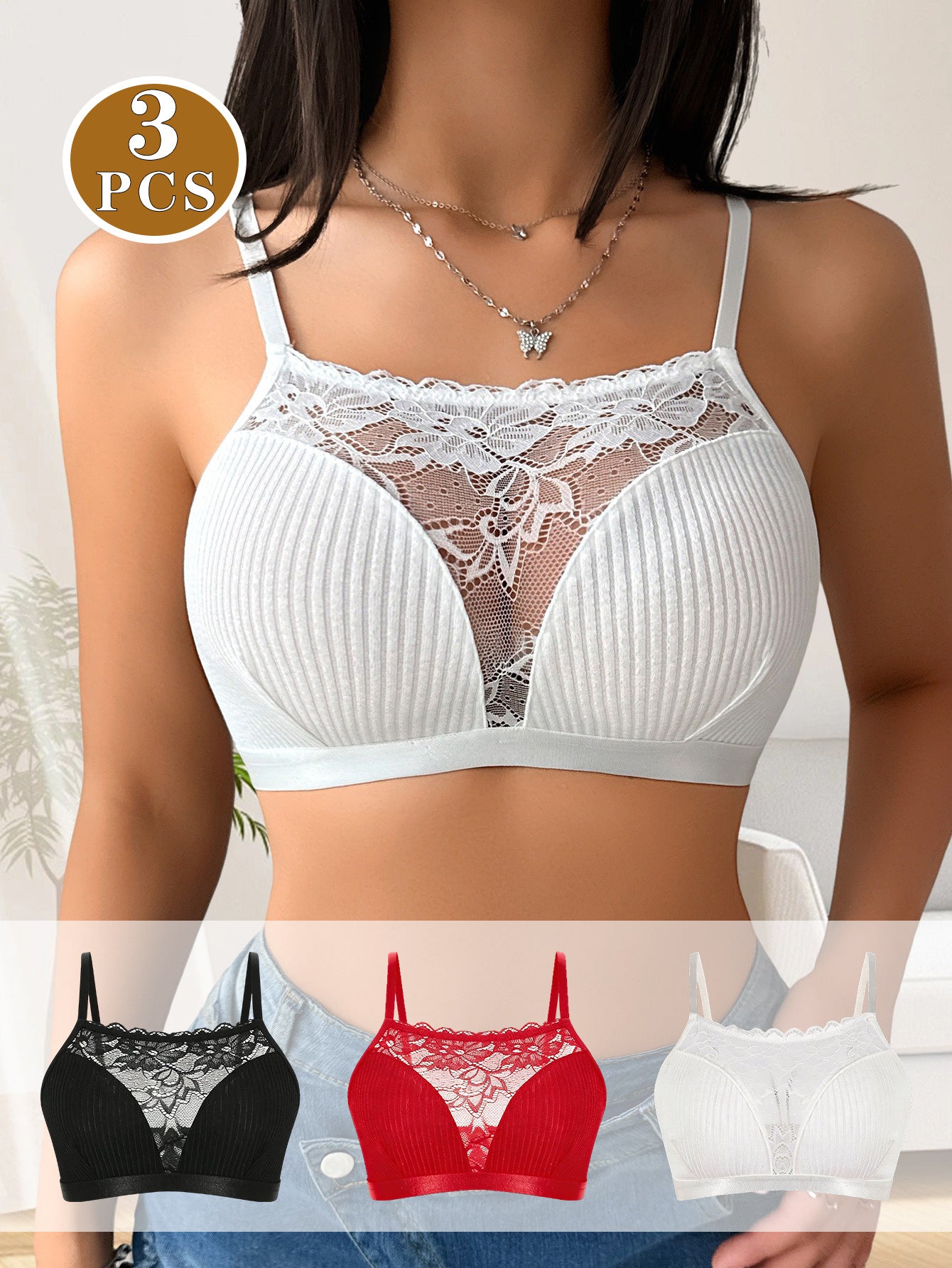 3pcs Women's Wire-Free Full Lift Push-Up Bra - Soft Breathable Lace Underwire-Free Bra Suitable for Adult Women, Elegant Everyday Lingerie with High, Non-Detachable Pads & Soft Fabric for & (Hand Washable)