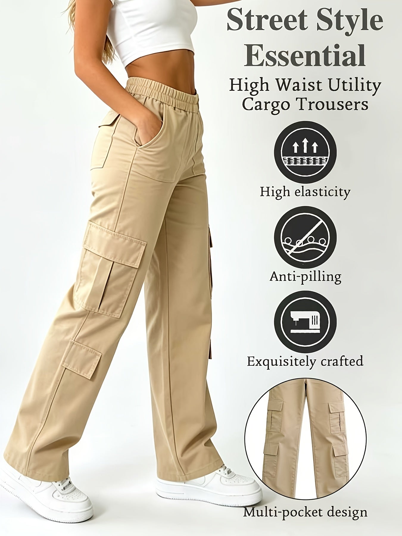 1 Pair Women'S High-Waisted Multi-Pocket Sporty Work Pants. Comfortable And Breathable. Suitable for Daily Outings, Shopping, Dating, Casual Wear, Weddings, Formal Events, And Graduation Ceremonies. The Perfect Choice for Gatherings with Friends