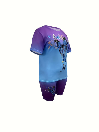 Plus Size Butterfly Print Ombre Two-piece Set, Crew Neck Short Sleeve Top & Shorts Outfits, Women's Plus Size聽Clothing