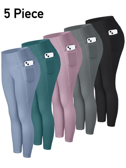 5pcs Women' High Waisted Cropped Leggings with Pockets - Full-Length Suitable for & Casual Attire, Non-Sheer Tummy Pants, Machine Washable Stretchy Base Layer for,, Layering (Year-Round)