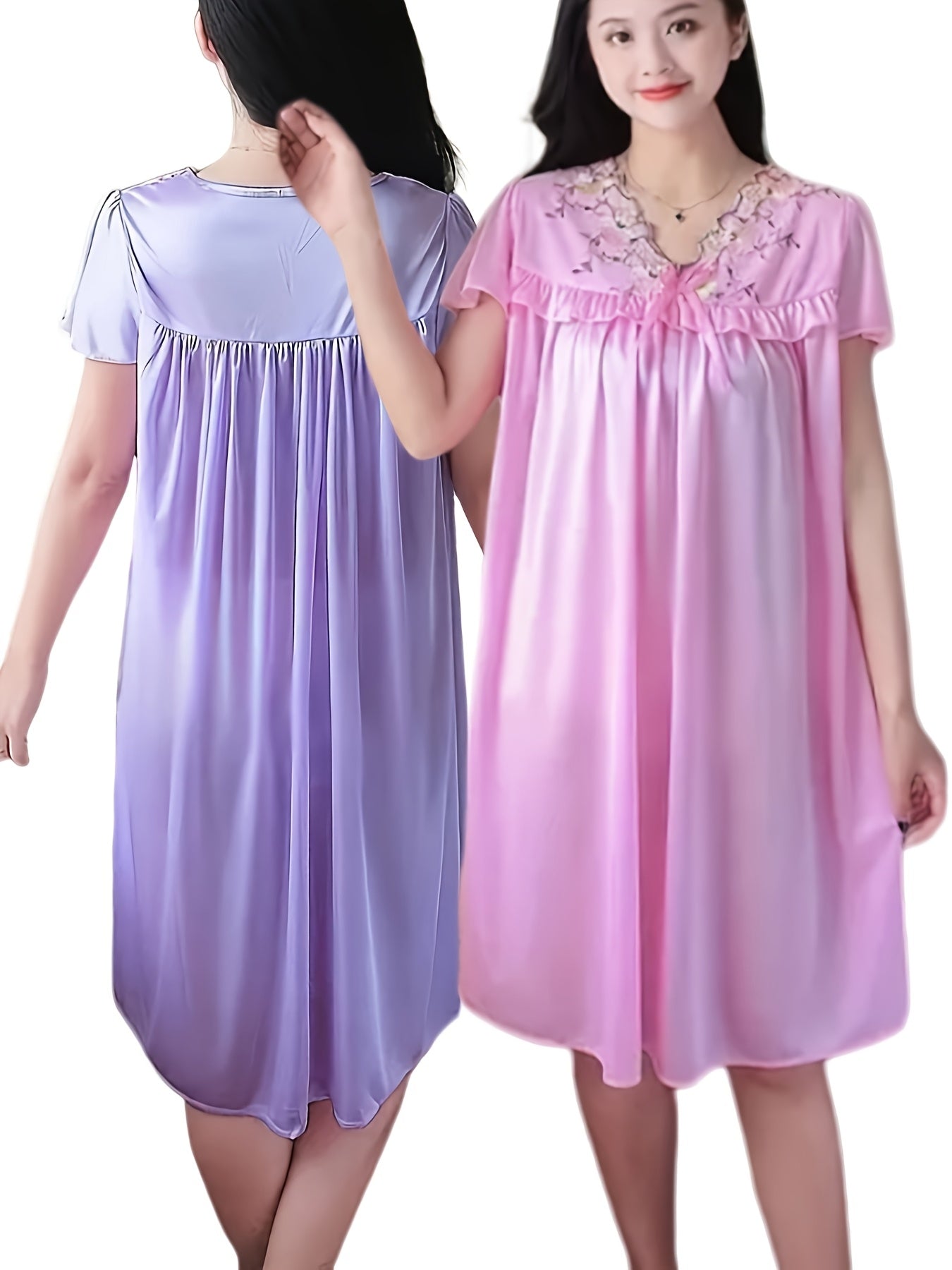 2pcs Sexy Loose Short Sleeve Nightgowns with Lace Trim, V-Neck, Semi-Sheer Polyester - Machine Washable, Spring/ Summer