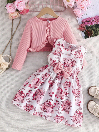 Kid Toddler Baby Girl Fall Outfit Ruffle Trim Long Sleeve Cardigan Flower Print Sleeveless A-line Tank Dress with Bow 2pcs Set, Perfect for Outdoor