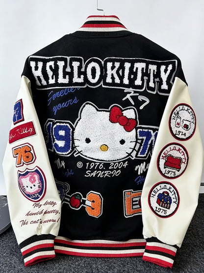 for sanrio Licensed Women'S Jacket Featuring Hello Kitty And Kuromi Patches - Lightweight Spring And Autumn Coat, Cute Anime Character Outerwear, Perfect For Parties And Everyday Wear - Iconic Brand Accessories (a Must-have For Sanrio Fans)