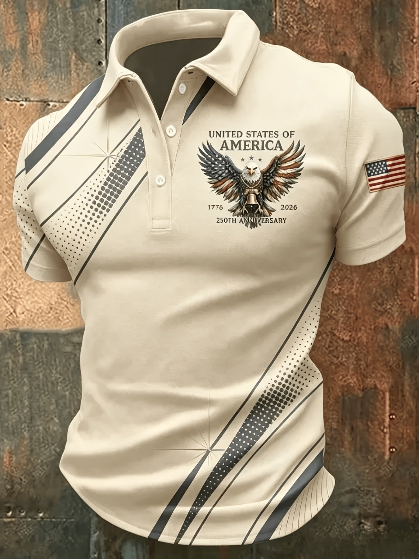 Plus-Size Men'S Summer Short-Sleeve Polo Shirt, Men'S T-Shirt, Men'S Top, American-Style Commemorative Flag Print Short-Sleeve, Golden Lines Eagle Print Design, Flag Sleeve Badge, Business Casual Short-Sleeve Top, Plus Size