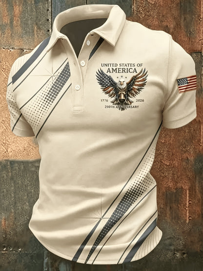 Plus-Size Men'S Summer Short-Sleeve Polo Shirt, Men'S T-Shirt, Men'S Top, American-Style Commemorative Flag Print Short-Sleeve, Golden Lines Eagle Print Design, Flag Sleeve Badge, Business Casual Short-Sleeve Top, Plus Size