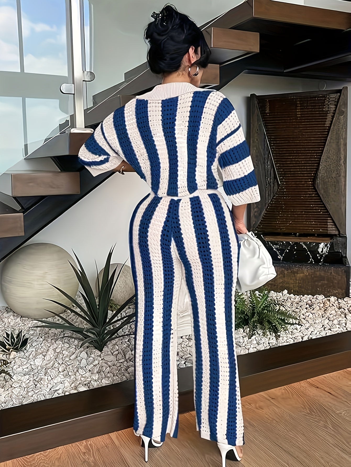 Casual Striped Eyelet Pantsuits, Button Front 3/4 Sleeve Loose Top & Wide Leg Pants Outfits, Women's Clothing