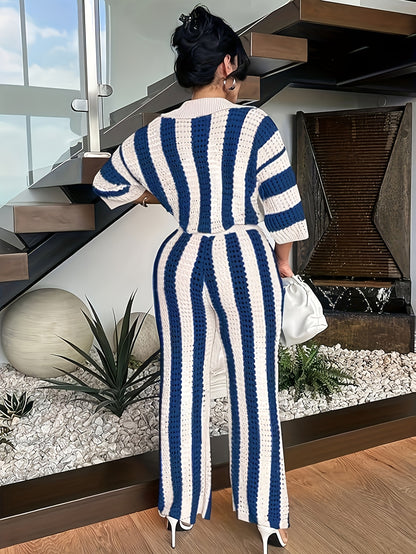 Casual Striped Eyelet Pantsuits, Button Front 3/4 Sleeve Loose Top & Wide Leg Pants Outfits, Women's Clothing
