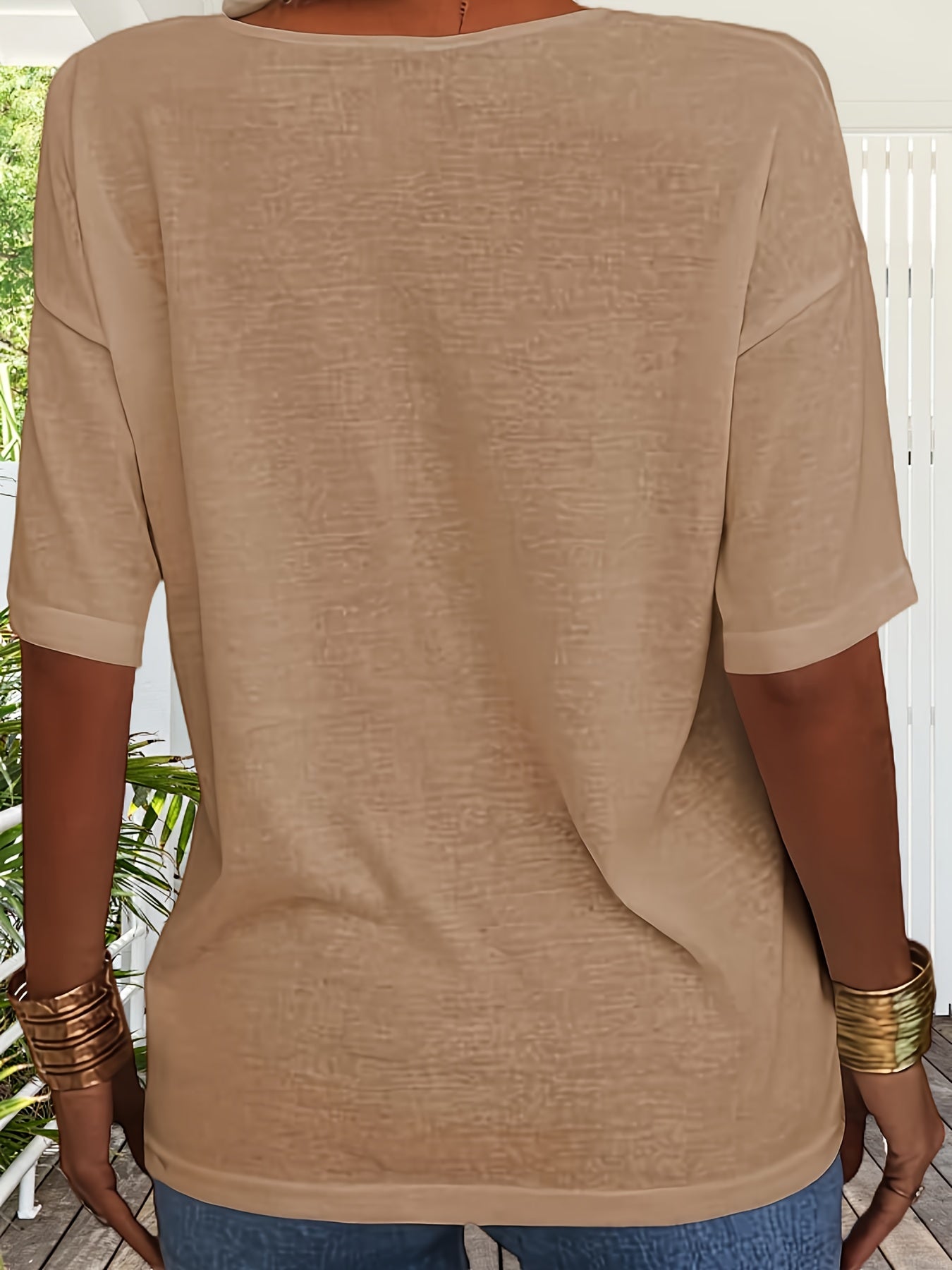 Women Fashion V-neck Half Sleeve T-shirt, Solid Color Casual Loose Basic Top
