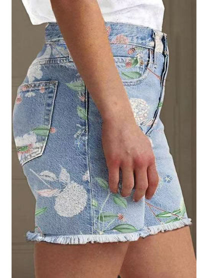 Women' Stretch Denim Shorts - Comfortable Retro Jeans, Floral Prints, Cinched Waist and High-waisted Design, Perfect for Spring and Summer.