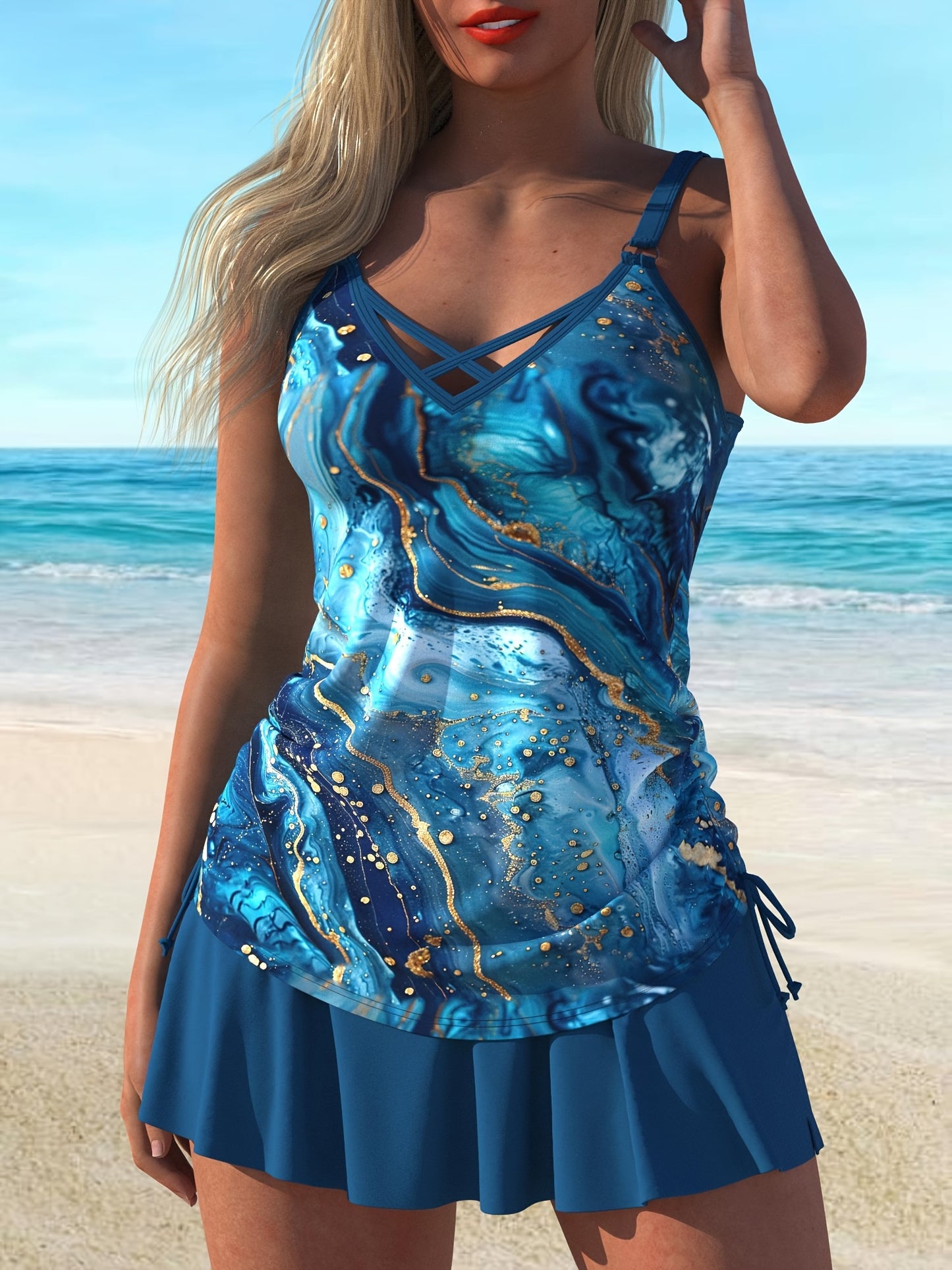 Women'S Plus Size Marble Print Tankini Set, Fashionable And Comfy Swimwear for Beach Vacation