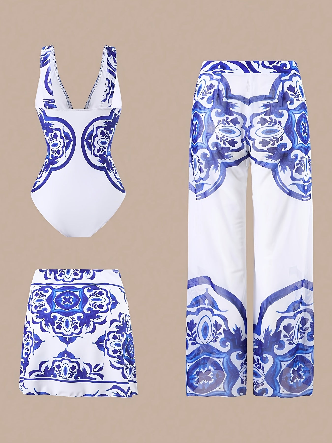Women's Fashion Blue and White Porcelain Ethnic Style Print Mature Sexy Deep 1pc Bikini Skirt Plus Trousers Seaside Beach Colorful Summer Vacation Swimming 25SS Midsummer Trend Bikini Swimsuit 3pcs Set